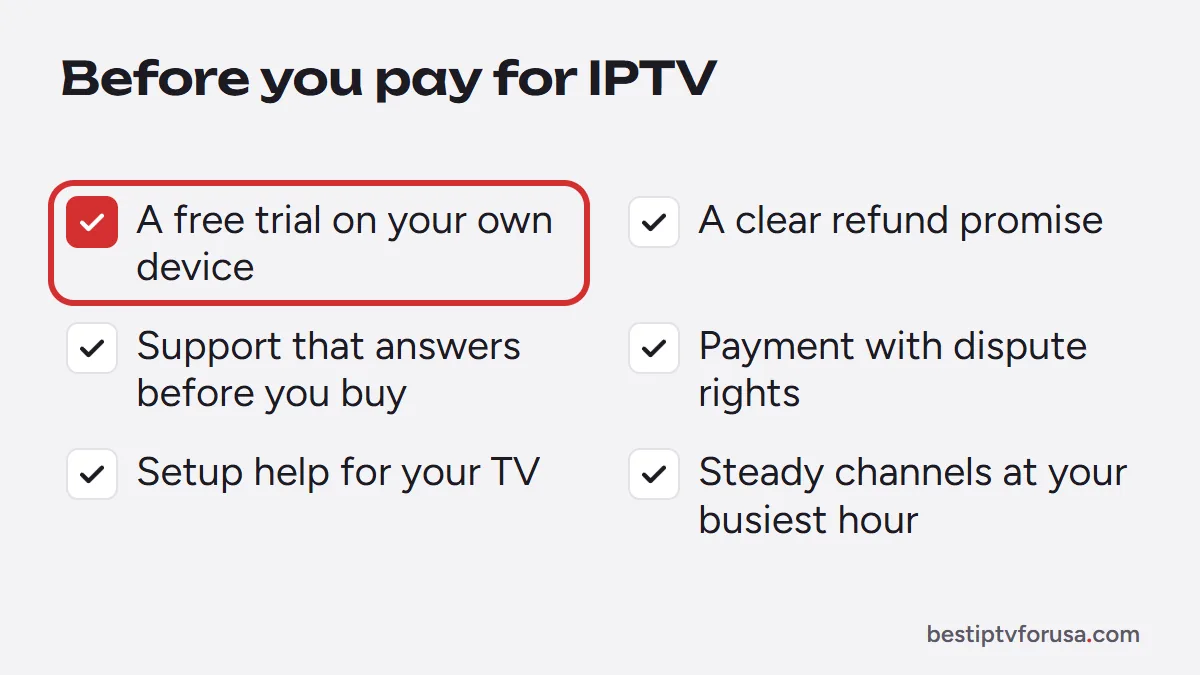 Checklist for choosing an IPTV service: free trial, refund promise, support, payment protection, setup help, peak-time stability