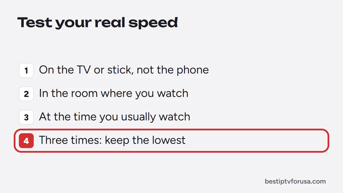 Four rules to test internet speed for IPTV: on the TV, in the viewing room, at viewing time, three times keeping the lowest result