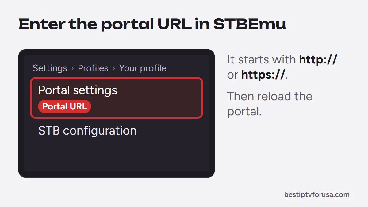 STBEmu menu path to the portal URL: Settings, Profiles, your profile, Portal settings