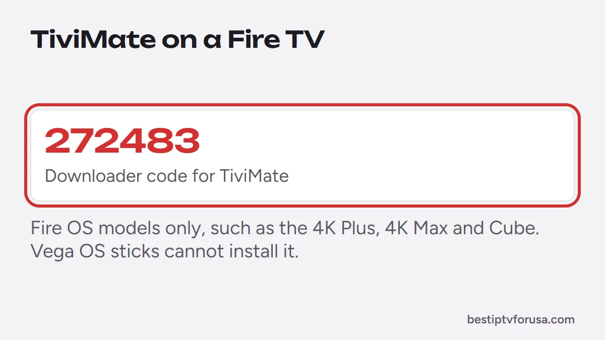 Downloader code 272483 for installing TiviMate on Fire OS Fire TV models