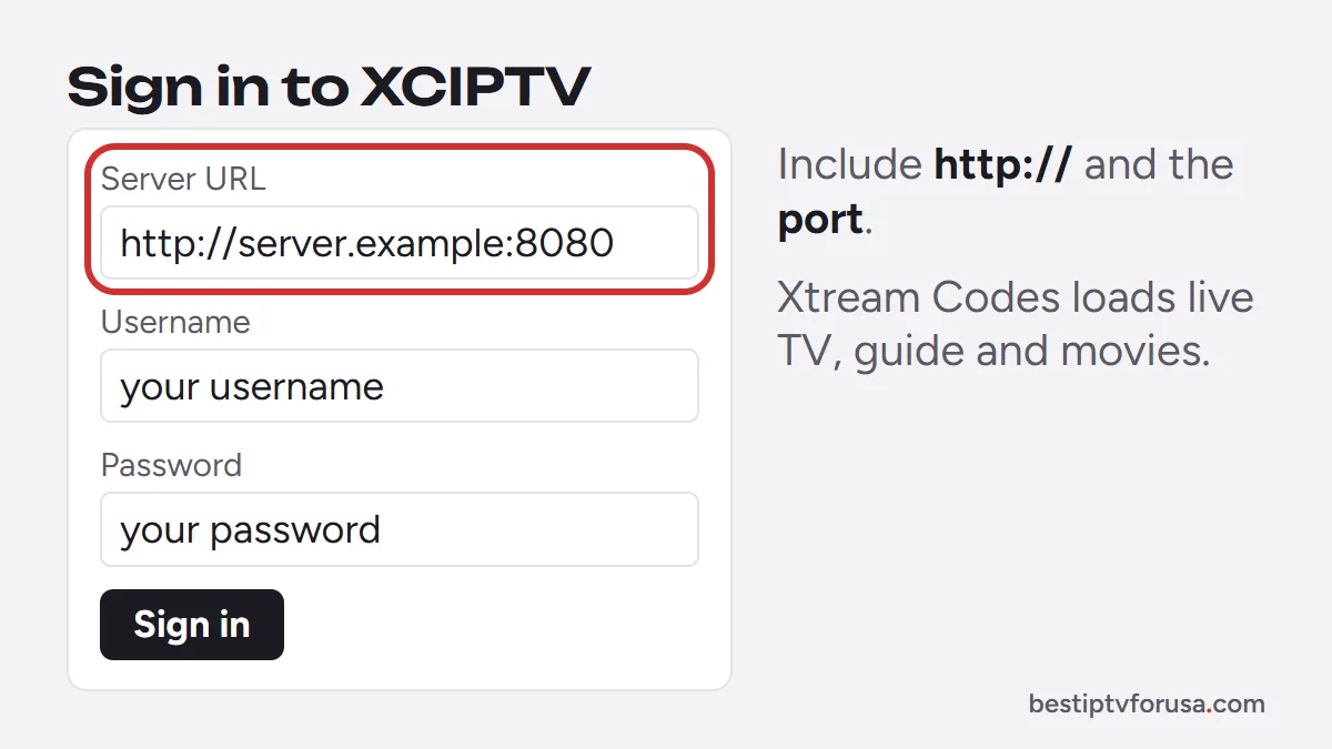 Xtream Codes sign-in form diagram for XCIPTV with server URL including http and port, username and password