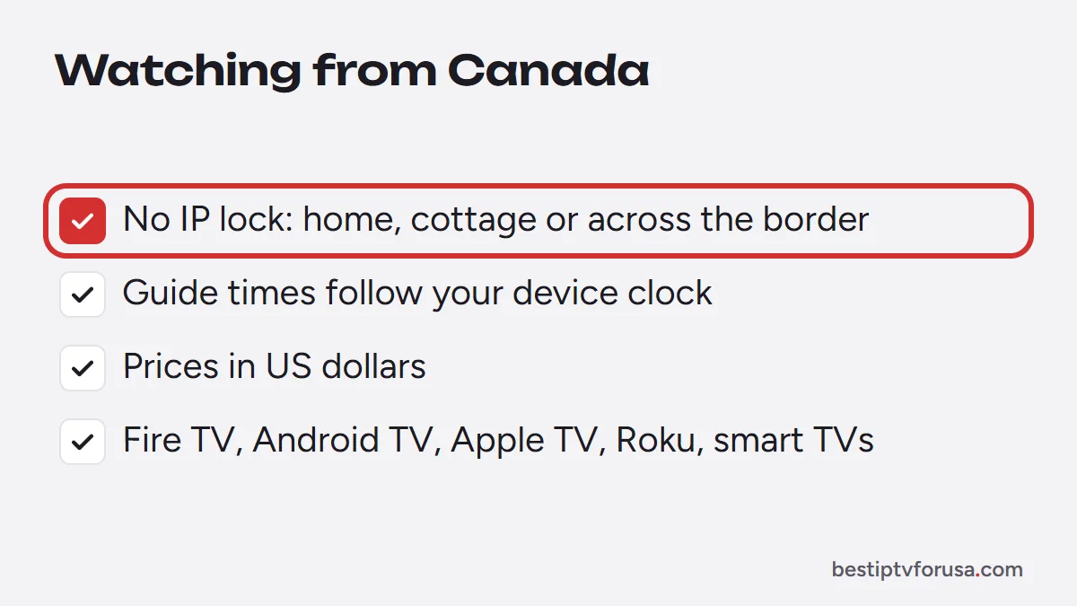 IPTV in Canada: no IP lock, guide in local time, prices in US dollars, works on every common device